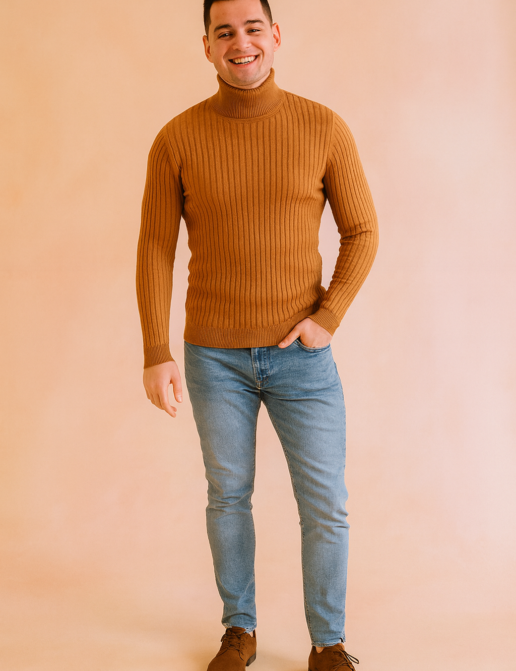Men’s camel brown ribbed knit turtleneck sweater styled with slim-fit light blue jeans and brown suede shoes, showcasing a fitted cut and vertical rib pattern.