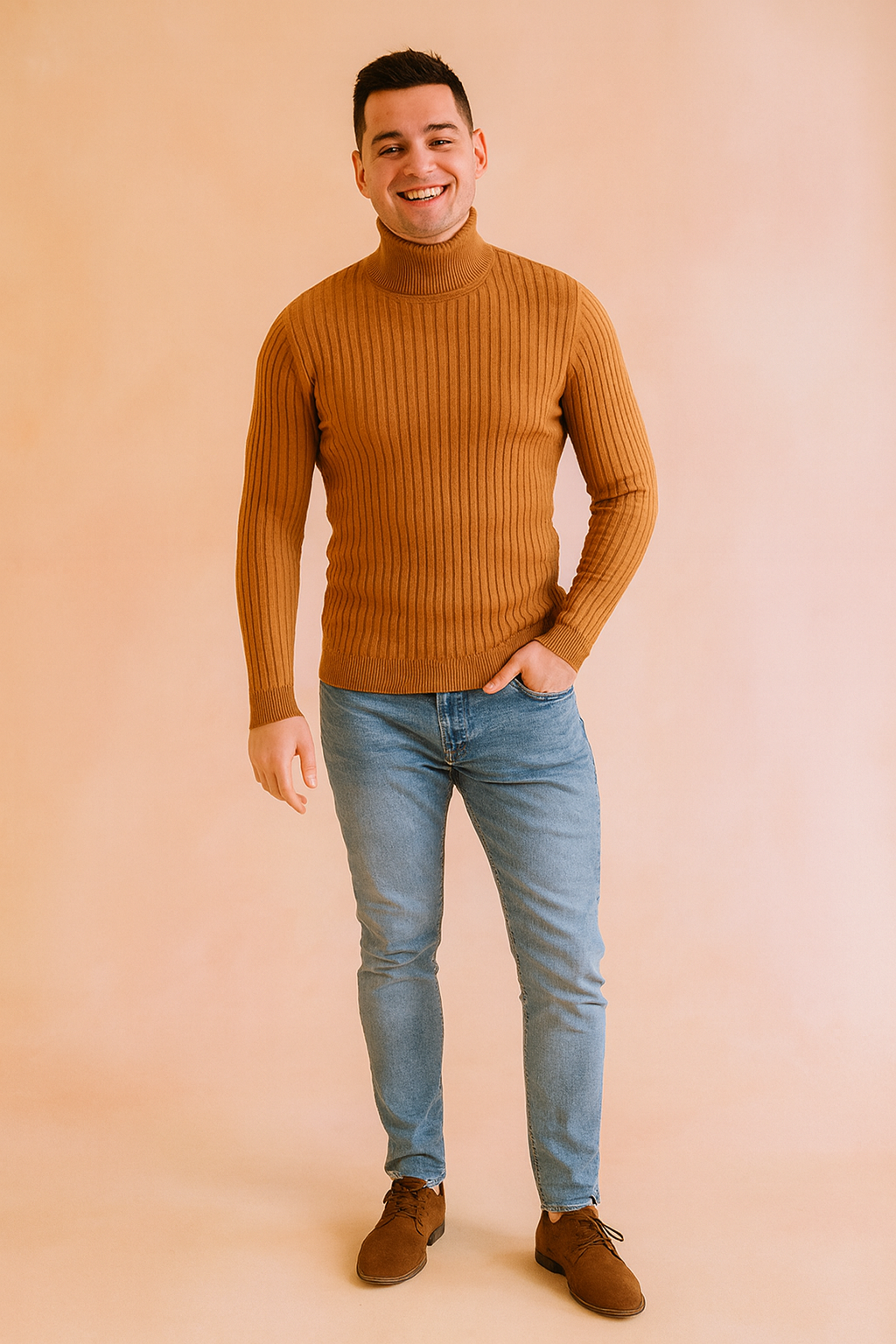 Men’s camel brown ribbed knit turtleneck sweater styled with slim-fit light blue jeans and brown suede shoes, showcasing a fitted cut and vertical rib pattern.