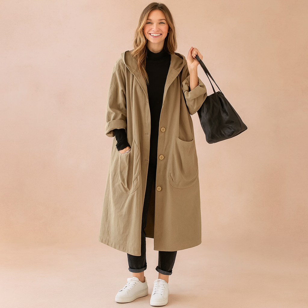 Oversized beige hooded coat with button closure, large front patch pockets, and relaxed longline fit, styled with black trousers and white sneakers.