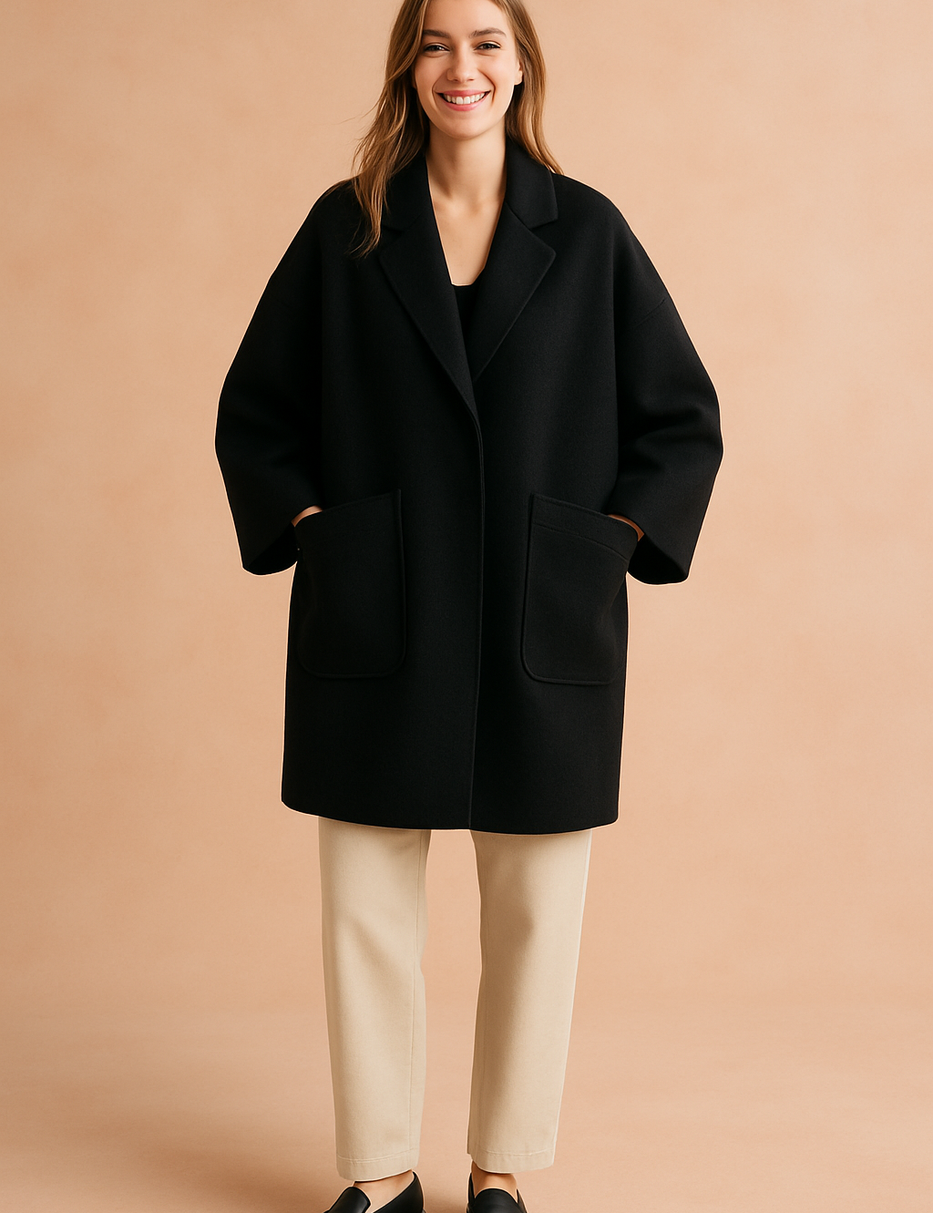 Oversized black wool coat with wide sleeves, large front pockets, and relaxed fit, paired with beige trousers and black loafers for a sleek minimalist style.