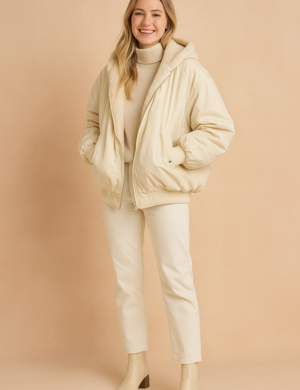 Oversized cream-beige bomber jacket with faux-fur lining, styled with a matching turtleneck sweater, straight-leg pants, and ankle boots.