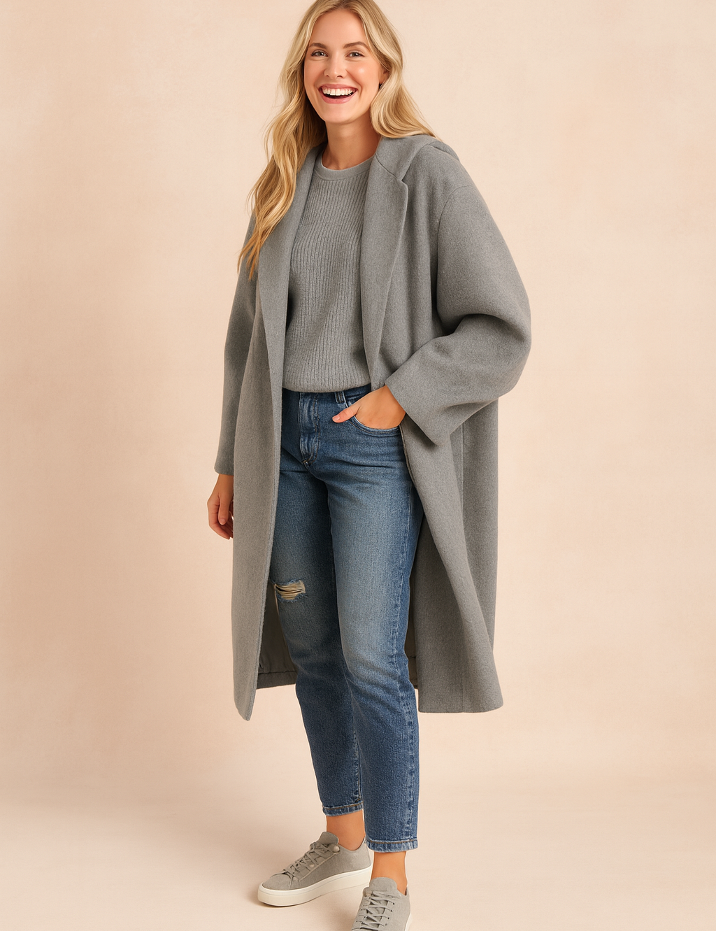 Oversized grey long wool coat with relaxed sleeves, styled with a light grey ribbed sweater, distressed blue jeans, and grey low-top sneakers.