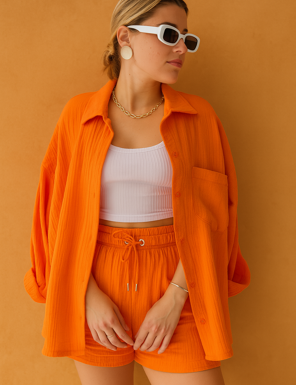 Oversized orange co-ord set featuring a long-sleeve button-up shirt and drawstring shorts with a textured finish, paired with a white ribbed bandeau top for a bold yet casual summer look.