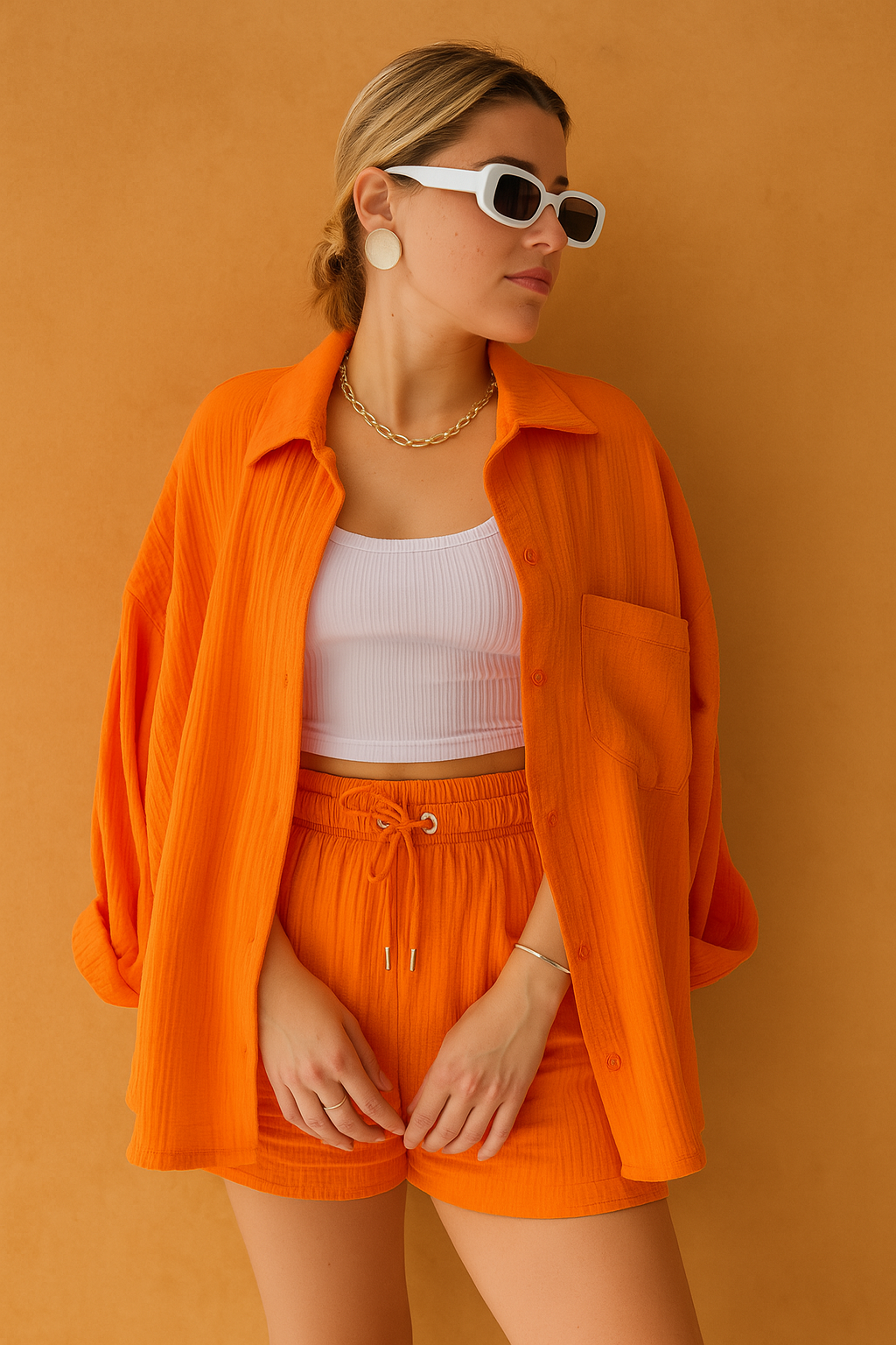 Oversized orange co-ord set featuring a long-sleeve button-up shirt and drawstring shorts with a textured finish, paired with a white ribbed bandeau top for a bold yet casual summer look.