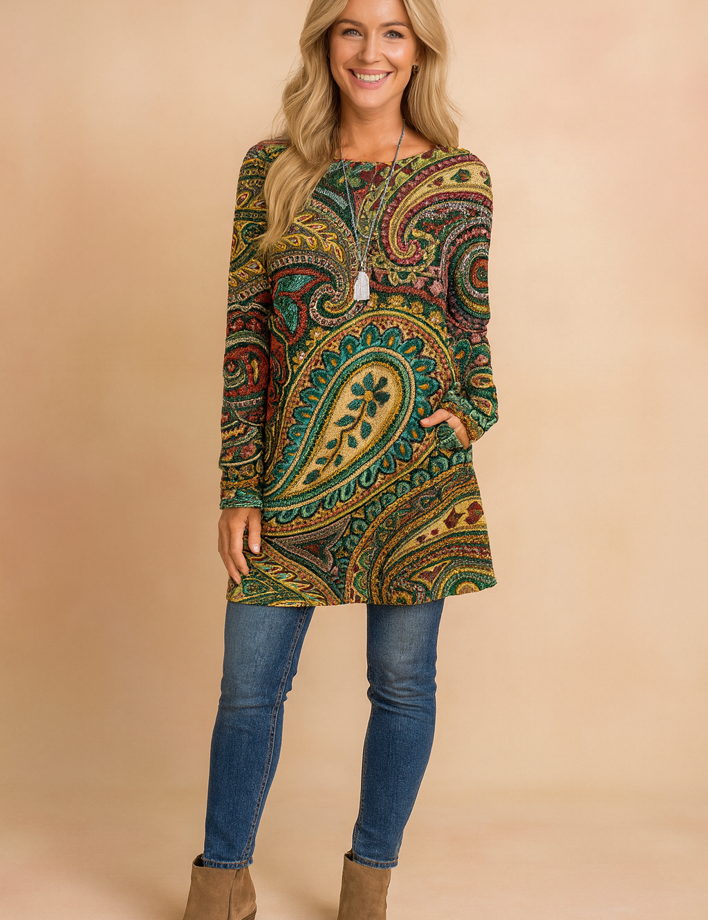 Long-sleeve tunic with intricate paisley print in green, gold, red, and teal tones, paired with slim blue jeans and tan ankle boots.