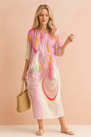 Paloma – Sukienka w różowy wzór swirl, stylowa i wygodna, idealna na lato.