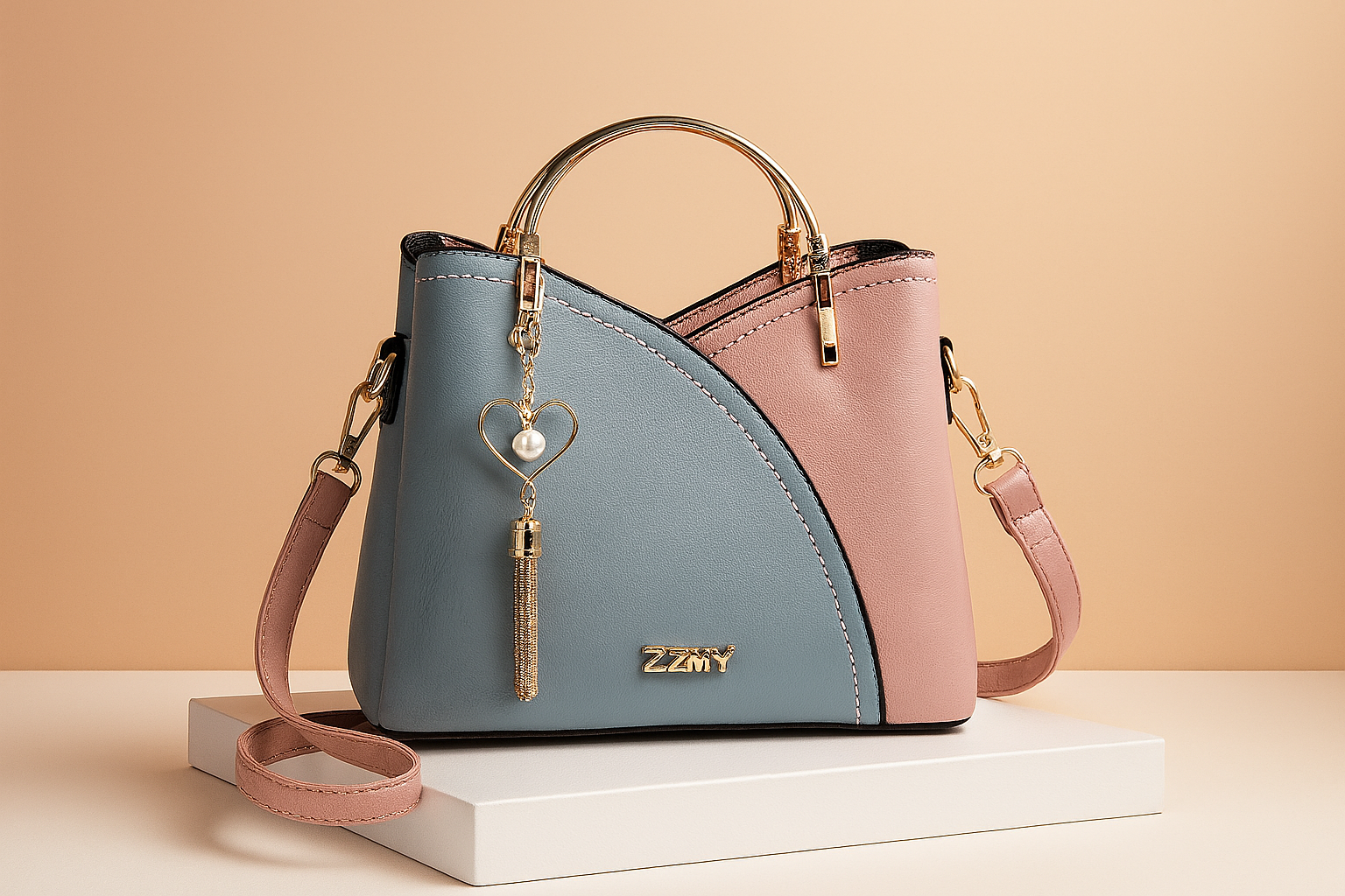 Two-toned structured handbag in pastel blue and soft pink faux leather with white stitching, gold hardware, heart-shaped charm with pearl and tassel, and detachable shoulder strap.