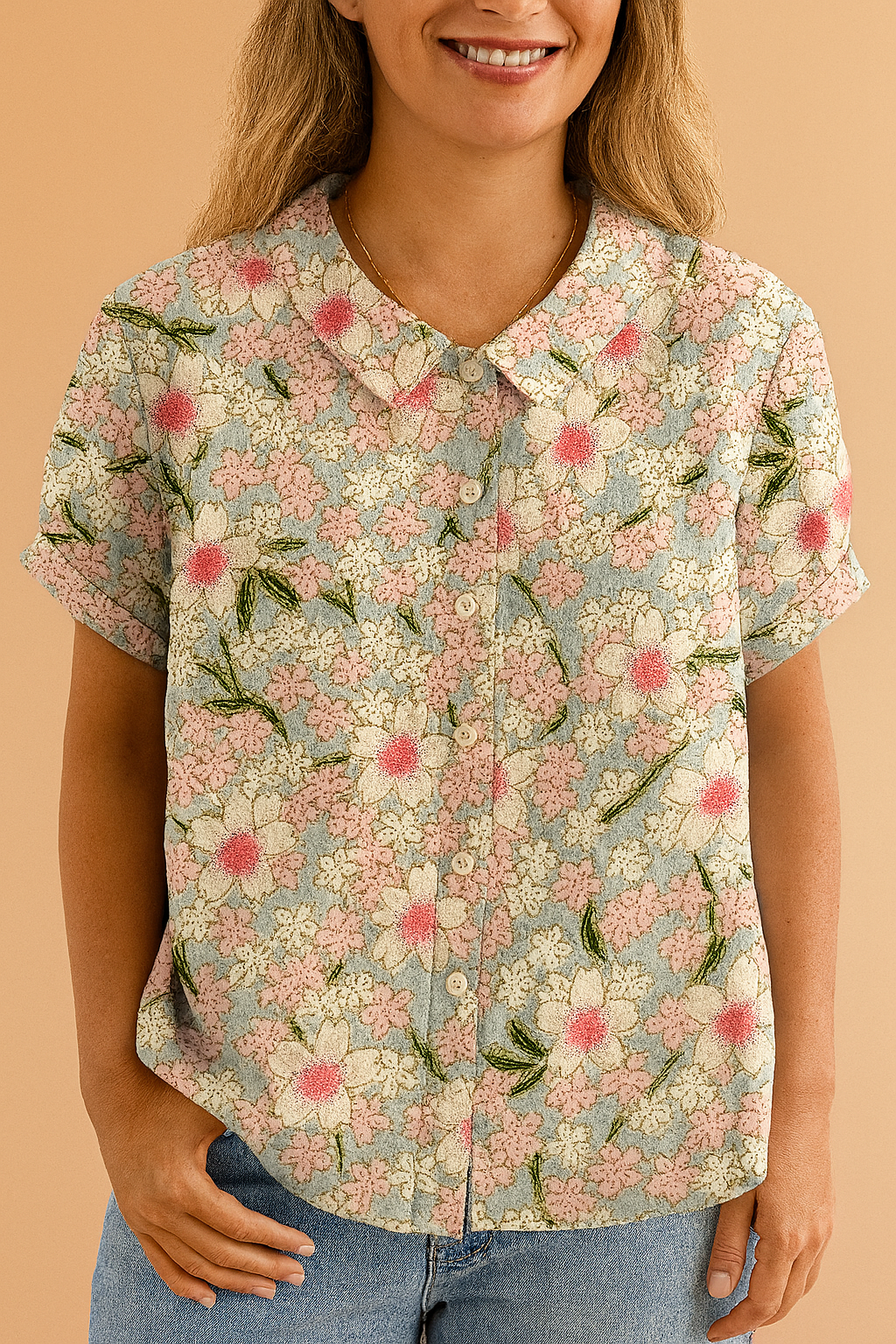 Short-sleeved blouse with a rounded collar and button front, featuring a pastel floral pattern with pink and white blossoms, green leaves, and a light blue background on soft-textured fabric.
