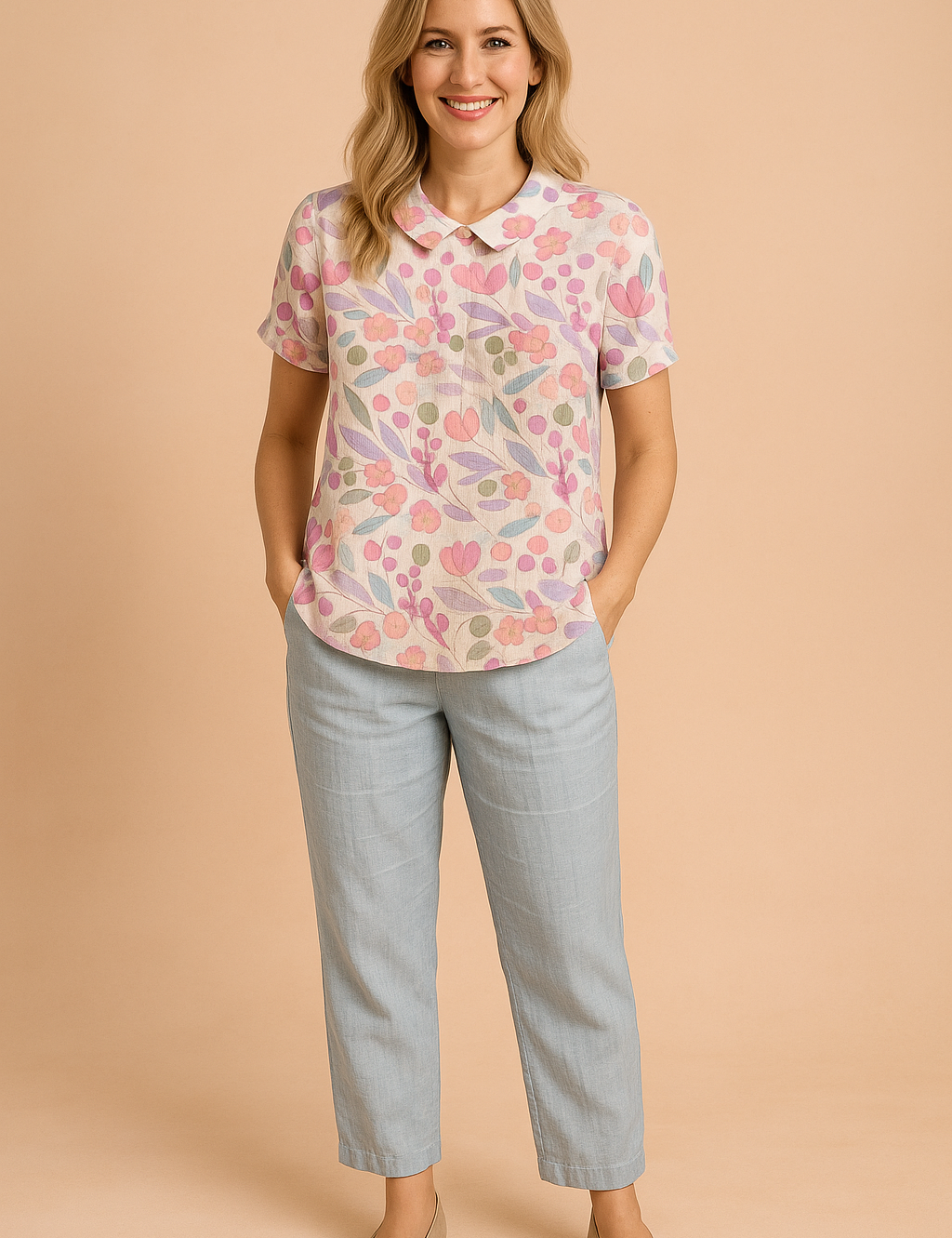 Cream linen blouse with a playful pink, lavender, and green floral print, short sleeves, and a rounded Peter Pan collar.