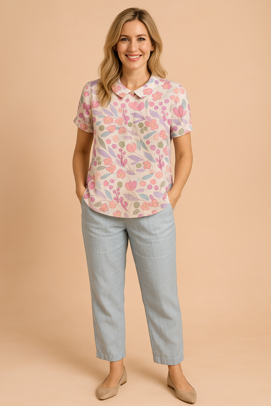Cream linen blouse with a playful pink, lavender, and green floral print, short sleeves, and a rounded Peter Pan collar.