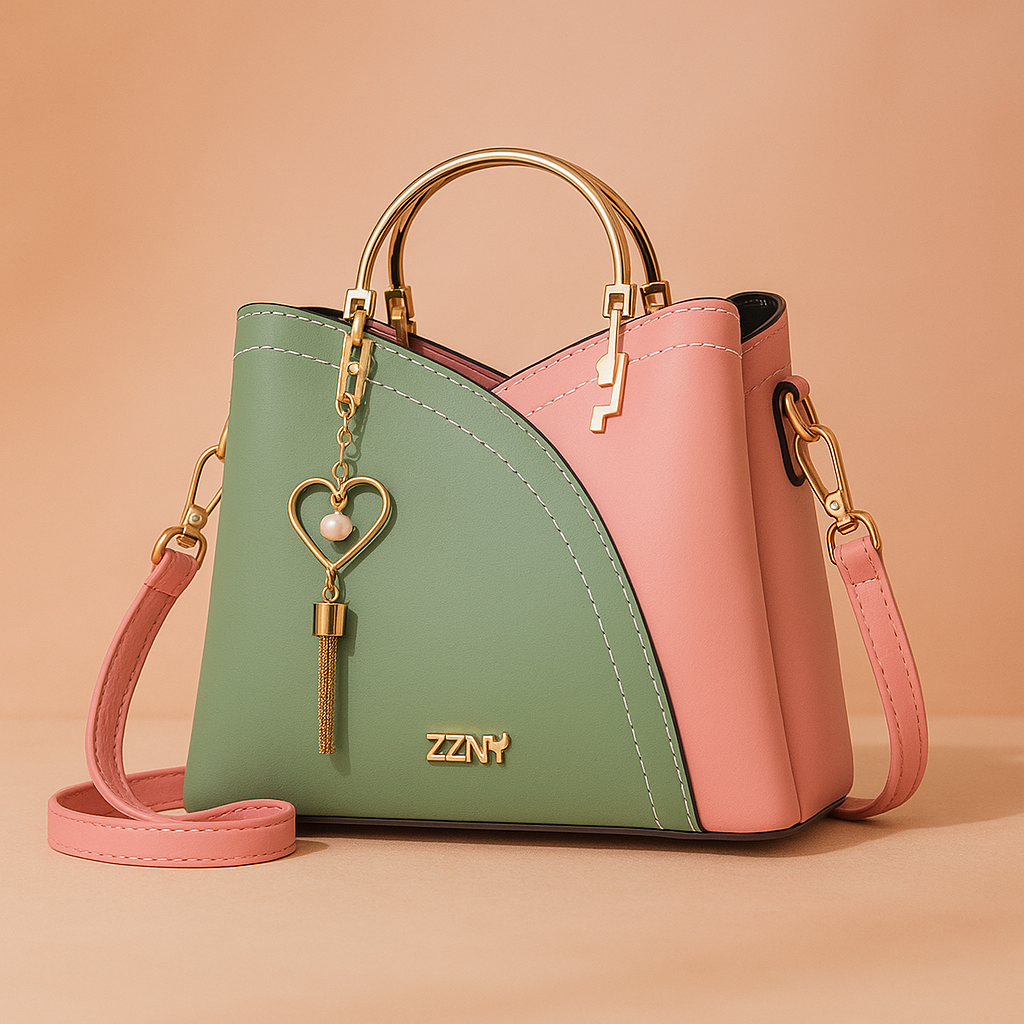 Two-tone handbag in pastel green and blush pink faux leather with gold hardware, white stitching, and heart charm, displayed on a beige surface with a soft blush gradient background.