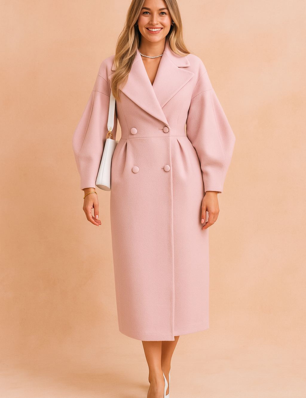 Elegant pastel pink double-breasted wool coat with oversized lapels, voluminous sleeves, and a fitted waist, styled with a white leather shoulder bag and white pointed-toe heels.