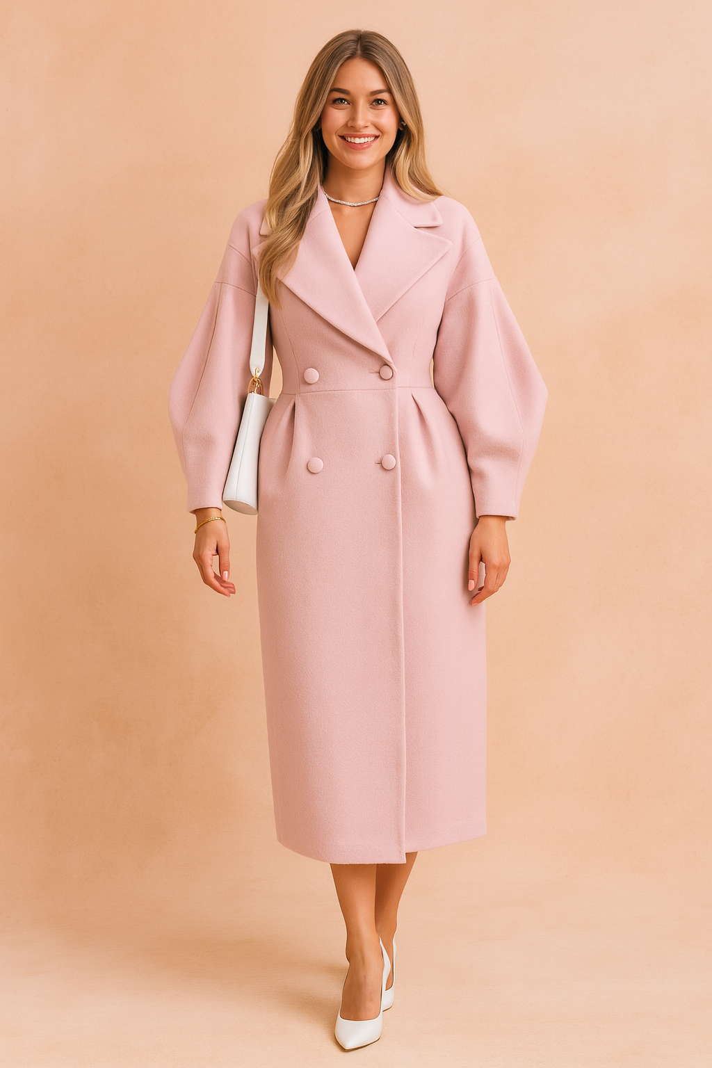 Elegant pastel pink double-breasted wool coat with oversized lapels, voluminous sleeves, and a fitted waist, styled with a white leather shoulder bag and white pointed-toe heels.
