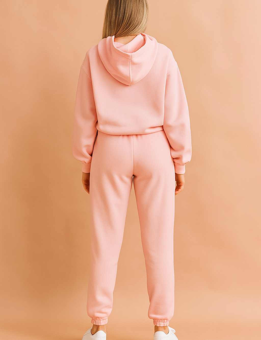 Pastel pink fleece loungewear set with a cropped hooded sweatshirt and high-waisted jogger pants featuring elasticated cuffs and waistband.