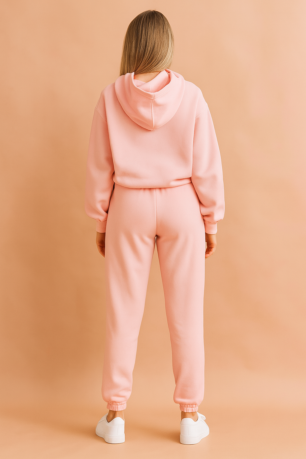 Pastel pink fleece loungewear set with a cropped hooded sweatshirt and high-waisted jogger pants featuring elasticated cuffs and waistband.