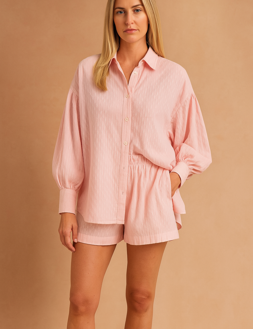 A soft-textured pastel pink blouse and matching shorts set, designed with delicate woven patterns, button-up front, and voluminous sleeves. The coordinated outfit combines comfort and elegance, styled to highlight the breathable fabric's refined finish—perfect for relaxed yet chic daywear.