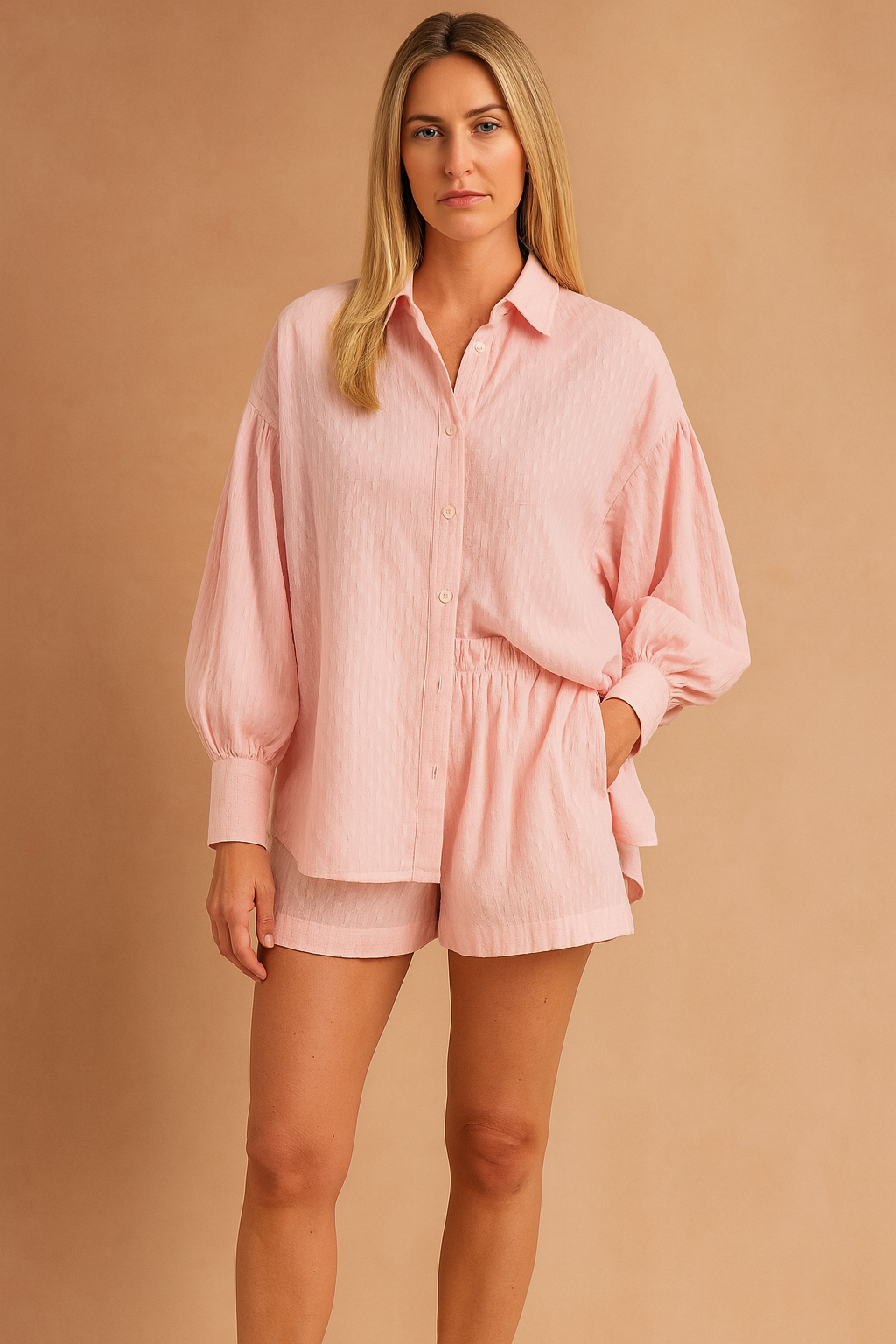 A soft-textured pastel pink blouse and matching shorts set, designed with delicate woven patterns, button-up front, and voluminous sleeves. The coordinated outfit combines comfort and elegance, styled to highlight the breathable fabric's refined finish—perfect for relaxed yet chic daywear.