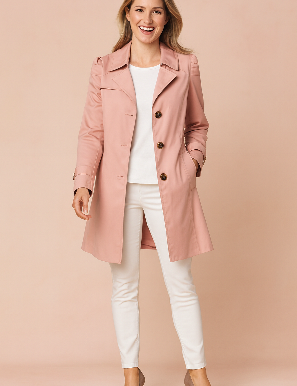 Light pink trench coat with button front, tailored fit, and side pockets, styled over a plain white top and paired with slim white trousers and taupe high heels.