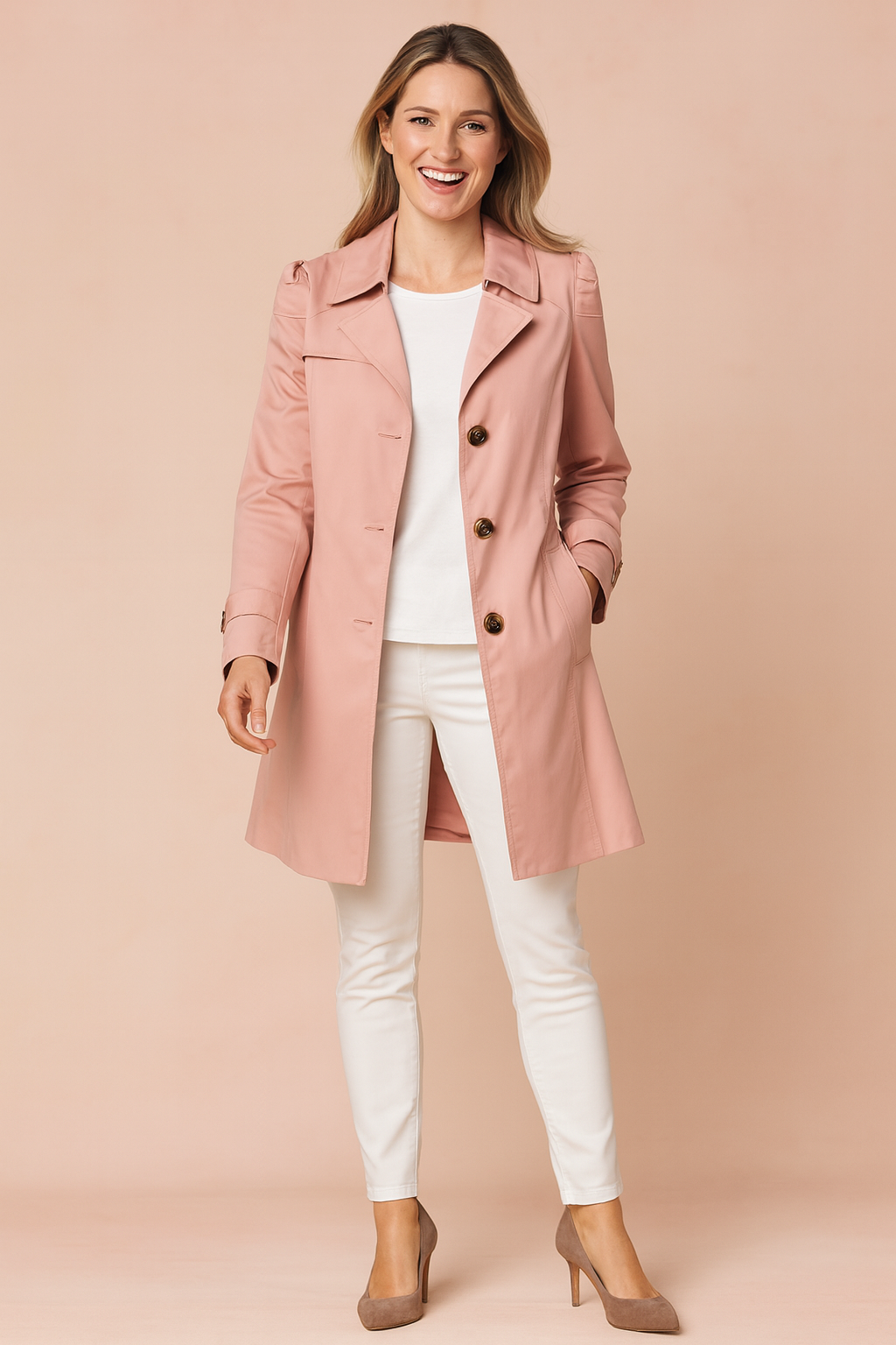 Light pink trench coat with button front, tailored fit, and side pockets, styled over a plain white top and paired with slim white trousers and taupe high heels.