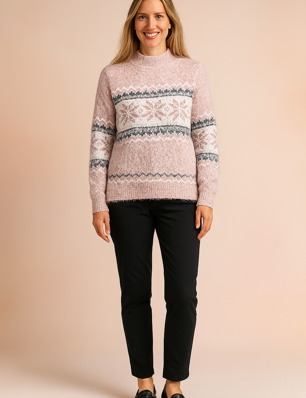 Light pink Fair Isle knit sweater with white and dusty blue snowflake patterns, paired with off-white slim-fit jeans and beige ankle boots.