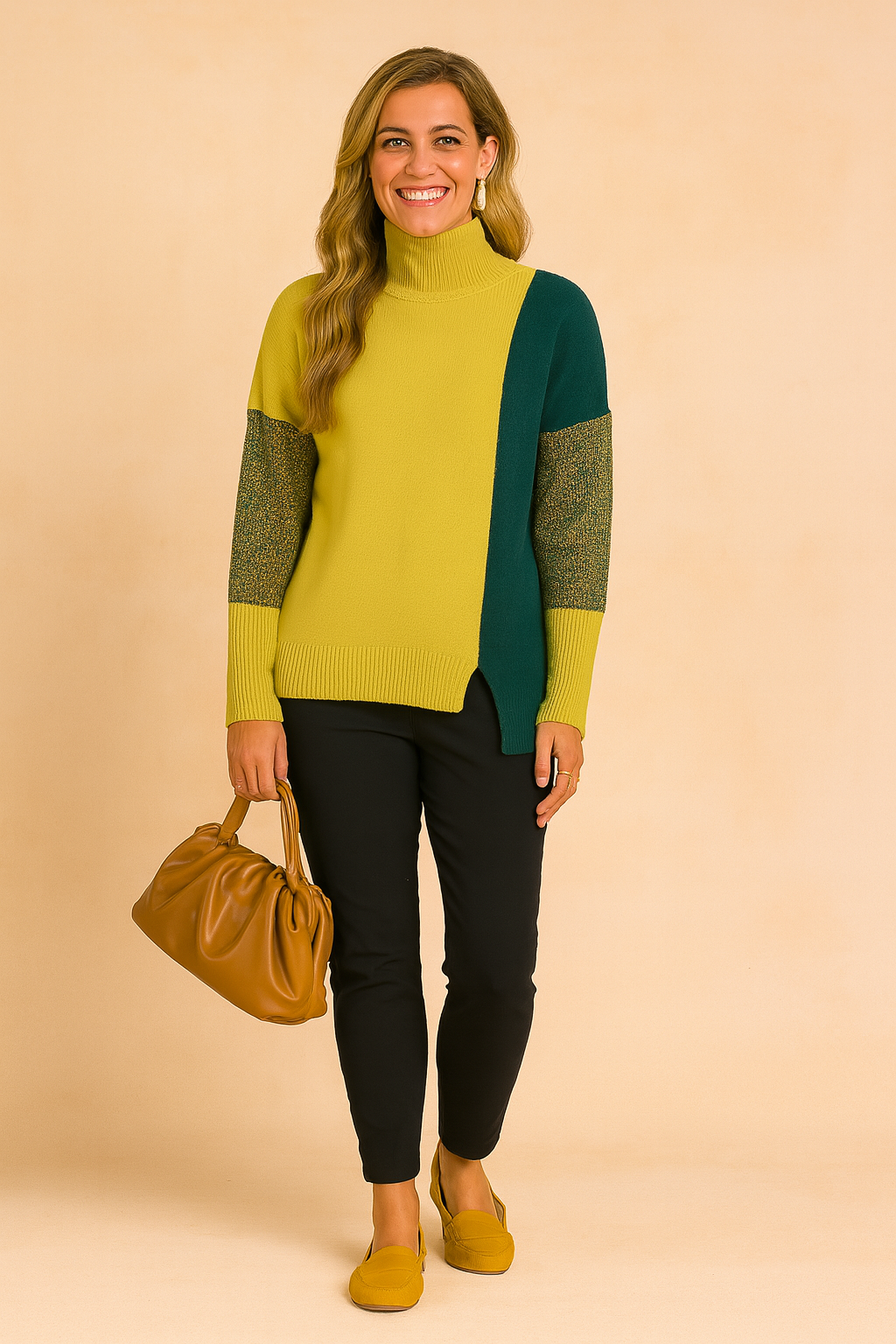 atchwork knit turtleneck sweater with yellow, green, and mixed yarn sleeves, featuring ribbed cuffs and hem, soft textured fabric, and modern asymmetrical color block design for winter fashion.