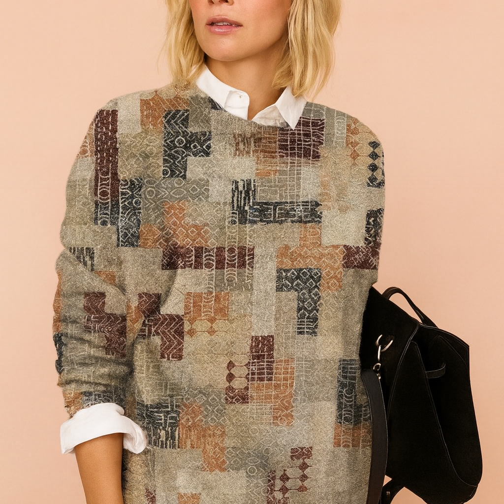 Patchwork pullover sweater with geometric patterns in muted tones of grey, rust, and navy, layered over a white collared shirt, paired with light blue jeans and a black suede handbag.