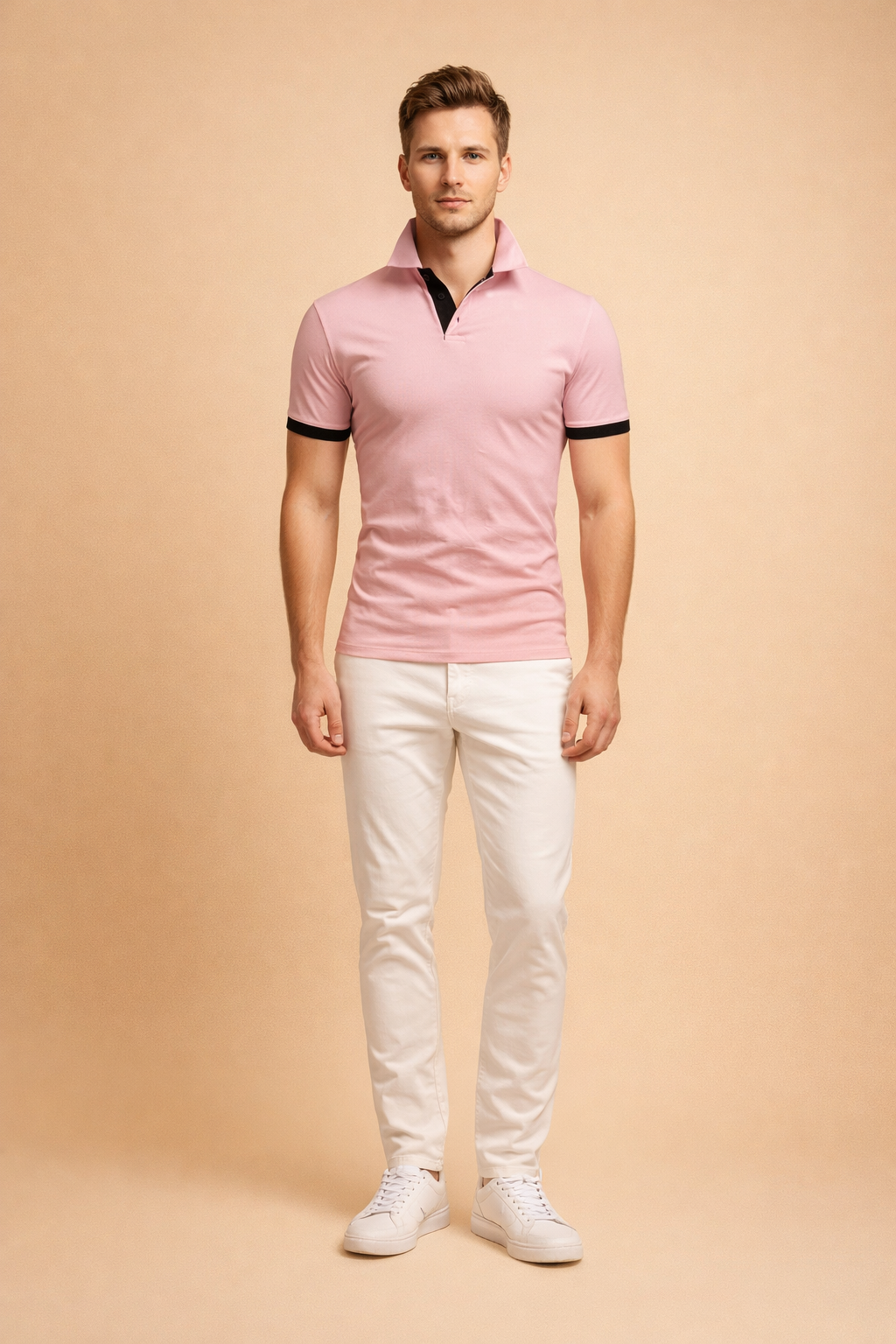 Slim fit pink polo shirt with black contrast collar and sleeve cuffs, short sleeves, smooth cotton blend fabric, tailored silhouette, and clean button placket for a modern smart casual look