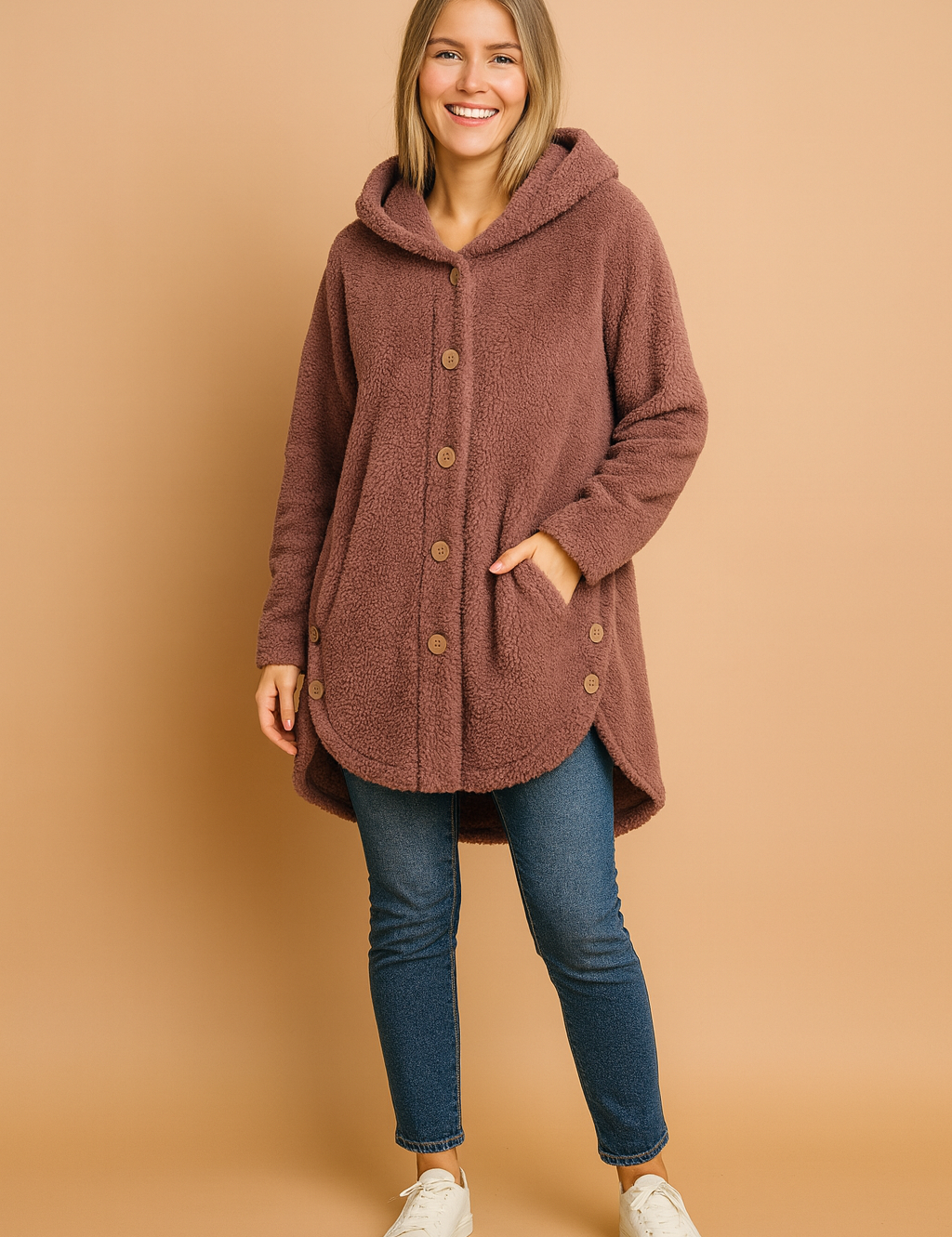 pink fleece hooded jacket with button-down front, long sleeves, and side button accents, designed for casual winter wear