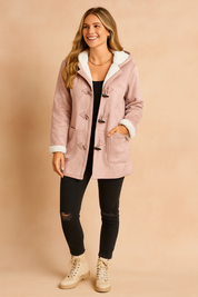 Pink hooded toggle-button winter jacket with white fleece lining and front pockets, designed for warmth and casual style.