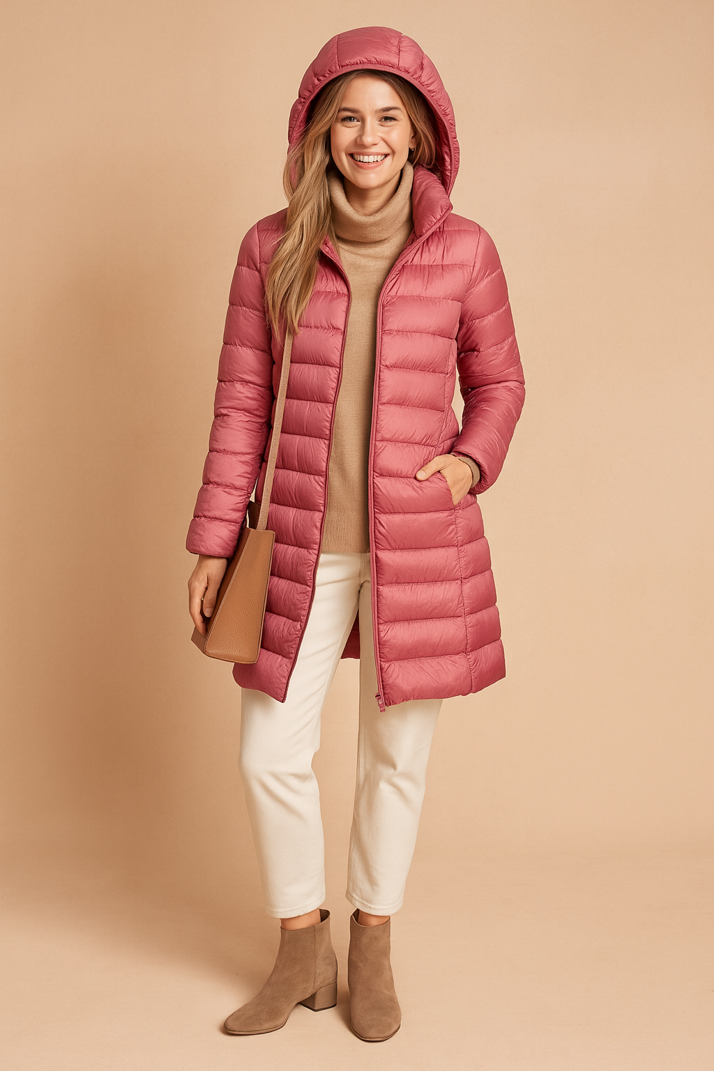 Long pink quilted puffer jacket with hood, full-length zip closure, and slim fit design, styled with neutral knitwear, off-white pants, and ankle boots.