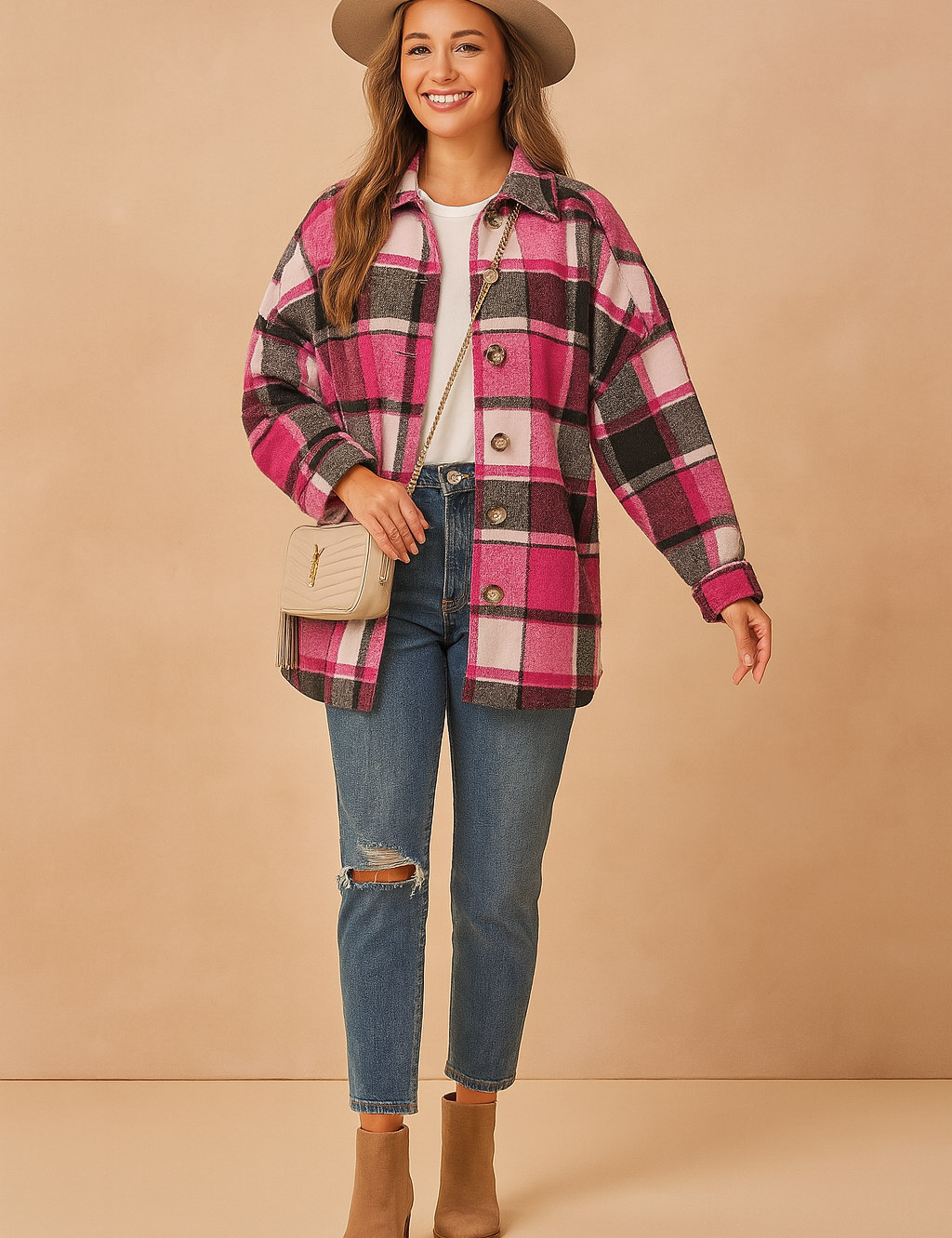 Women's oversized plaid shacket in bold pink, black, and white pattern with large brown buttons, styled over a plain white tee and paired with distressed mid-wash blue jeans and beige ankle boots. Accessorized with a beige YSL crossbody bag.