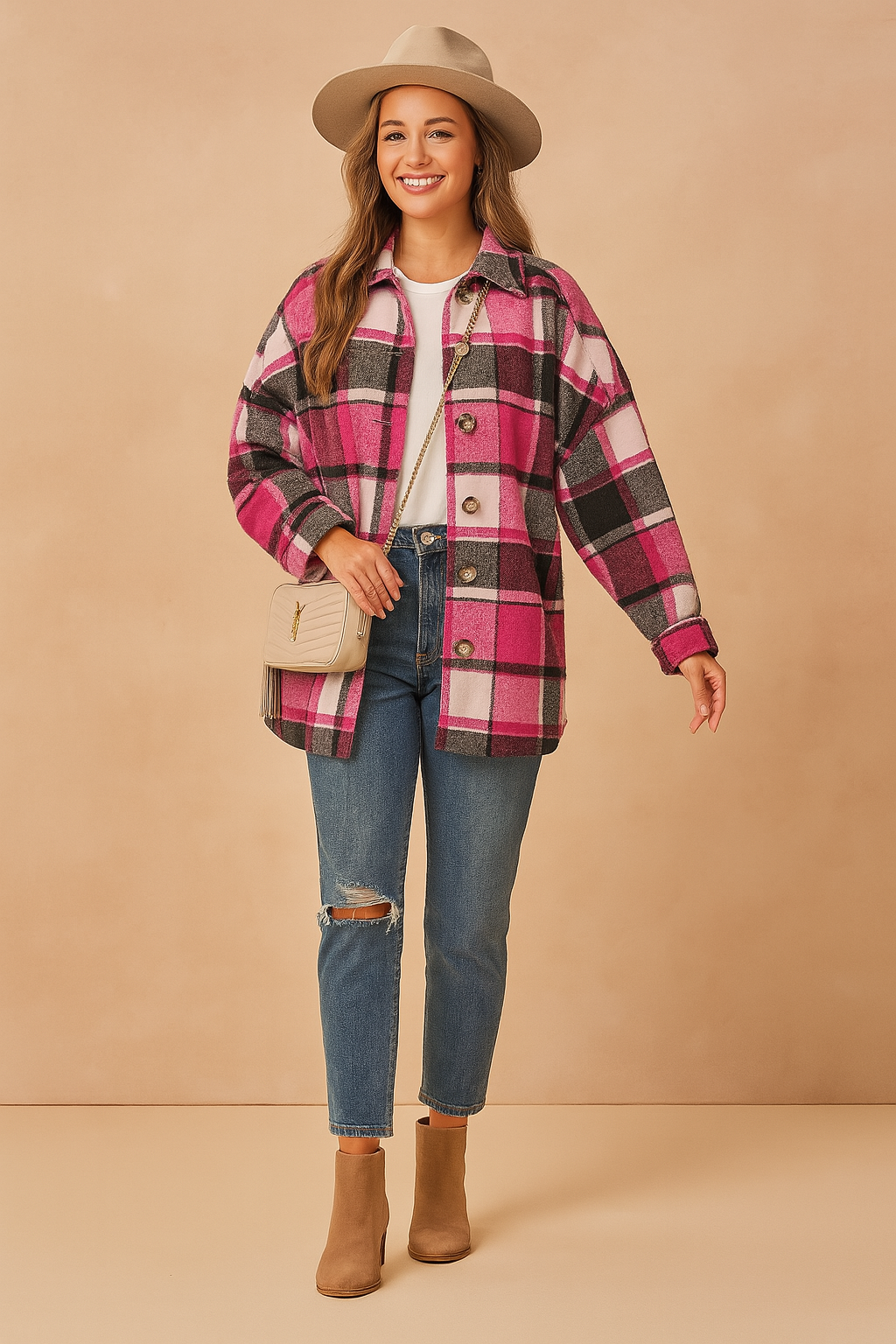 Women's oversized plaid shacket in bold pink, black, and white pattern with large brown buttons, styled over a plain white tee and paired with distressed mid-wash blue jeans and beige ankle boots. Accessorized with a beige YSL crossbody bag.