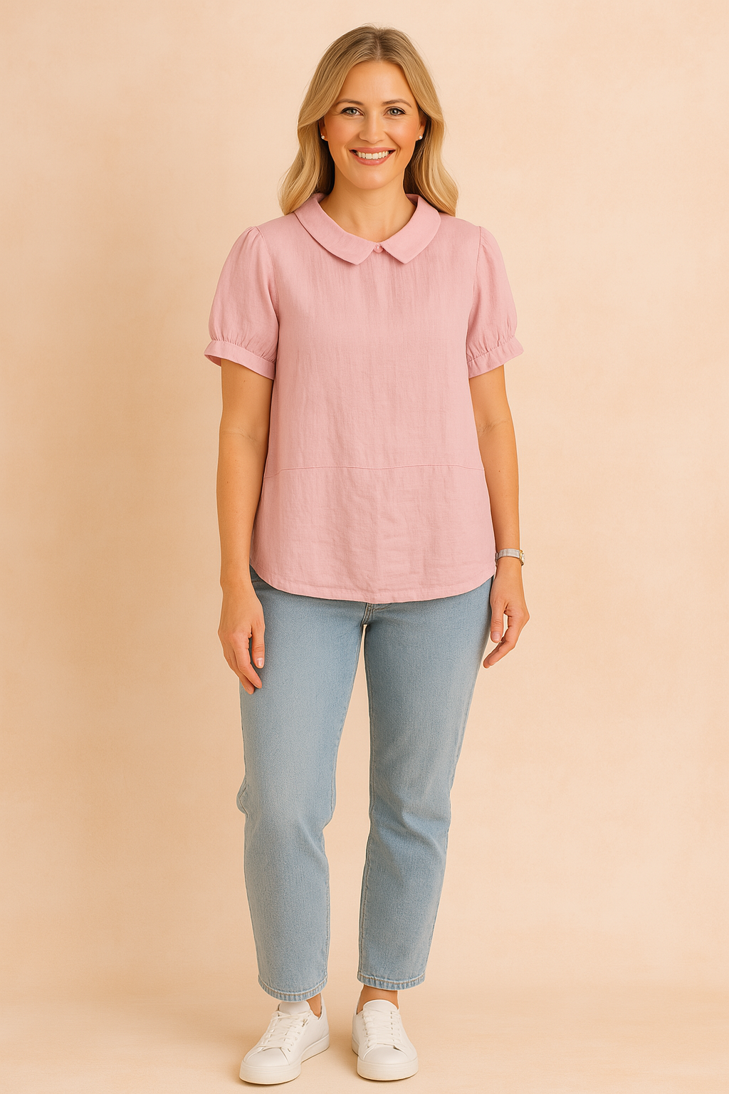Pastel pink linen blouse with Peter Pan collar and short puff sleeves, styled with light blue jeans and white sneakers
