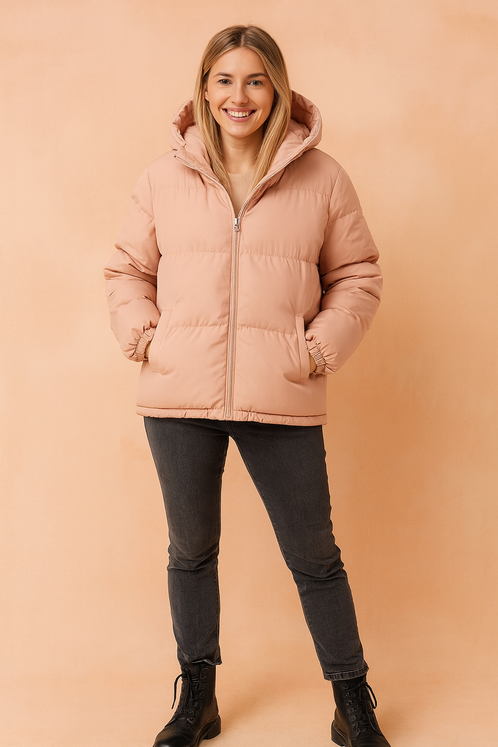pink unisex puffer jacket with hood, front zipper closure, side pockets, and elastic cuffs, designed for winter warmth and comfort