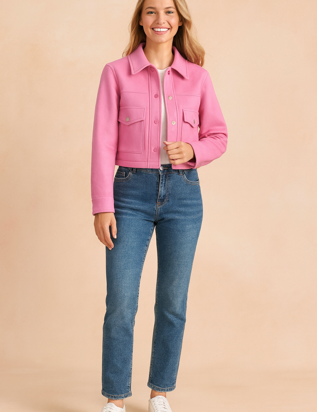 Pink cropped jacket with front snap buttons and flap pockets, styled with blue jeans and white sneakers for a casual chic look.