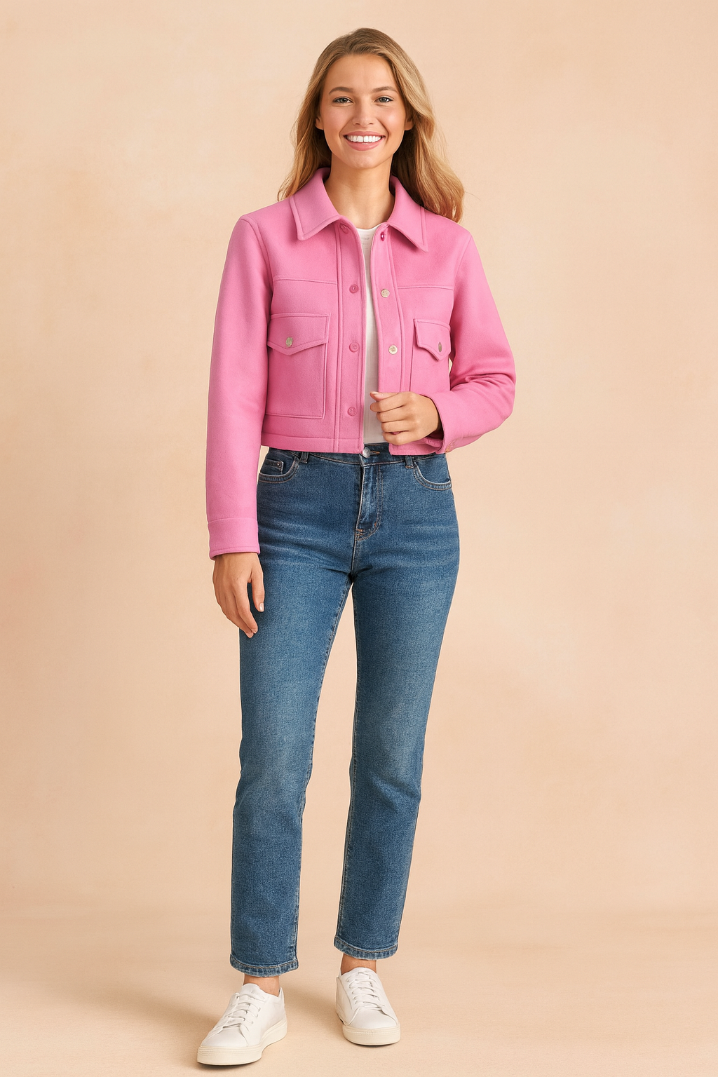 Pink cropped jacket with front snap buttons and flap pockets, styled with blue jeans and white sneakers for a casual chic look.