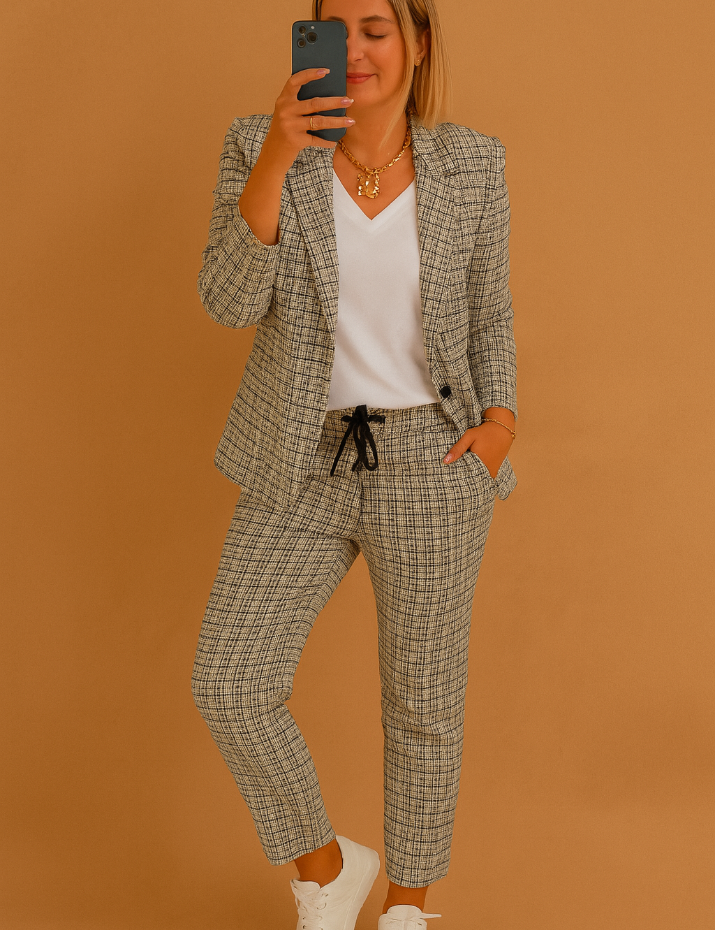 Plaid two-piece set featuring a tailored blazer and tapered drawstring pants in gray and black checkered pattern, styled with a white V-neck top and white sneakers.