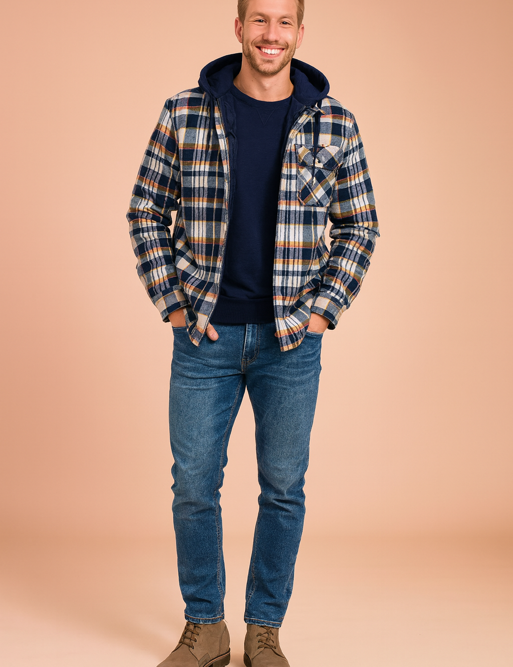 Men’s hooded plaid flannel jacket with quilted lining, chest pocket, and button-down closure styled with blue jeans and taupe suede lace-up boots.