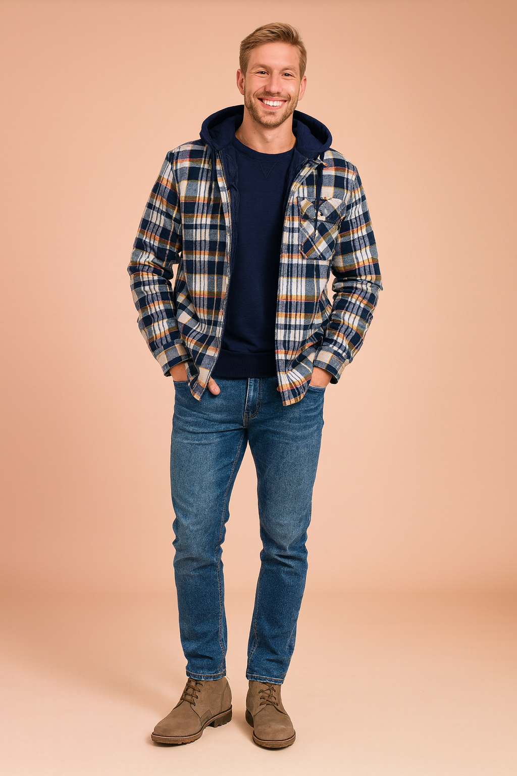 Men’s hooded plaid flannel jacket with quilted lining, chest pocket, and button-down closure styled with blue jeans and taupe suede lace-up boots.