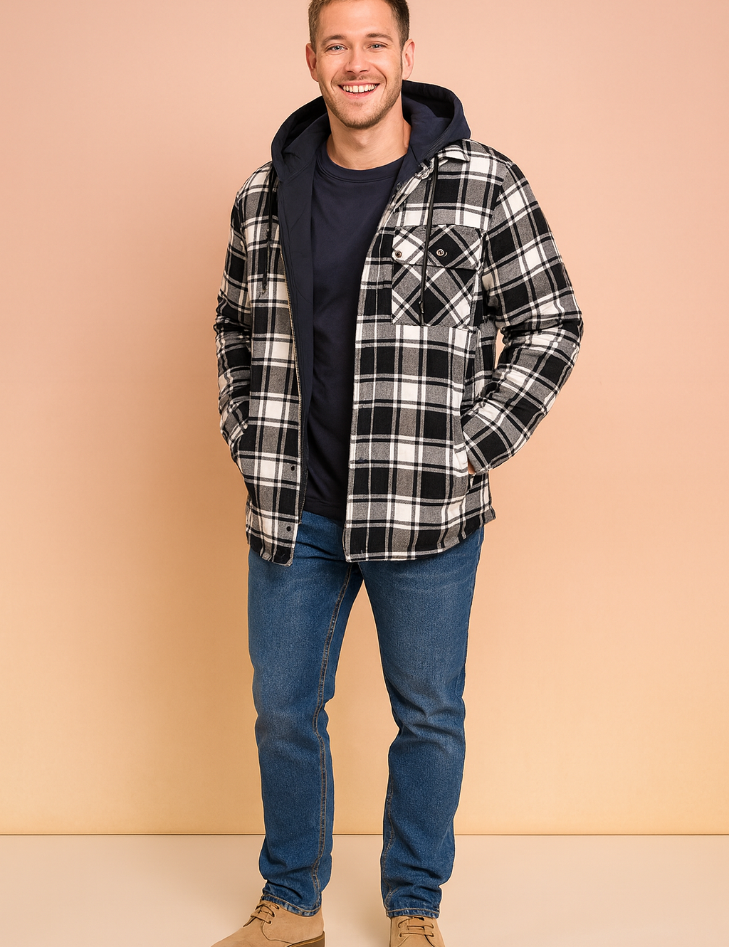 Black and white plaid hooded flannel jacket with quilted lining, button-up front, and chest pocket, paired with medium blue jeans and beige suede boots.