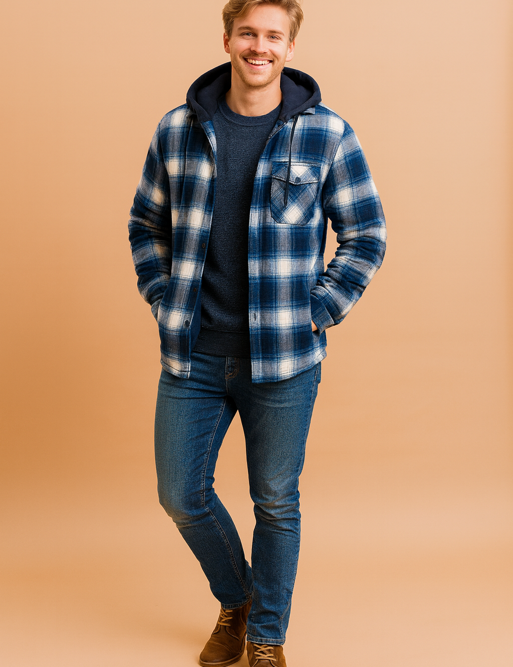 Blue and white plaid hooded jacket with button front closure, single chest pocket, and quilted inner lining, paired with slim blue jeans and brown suede shoes.