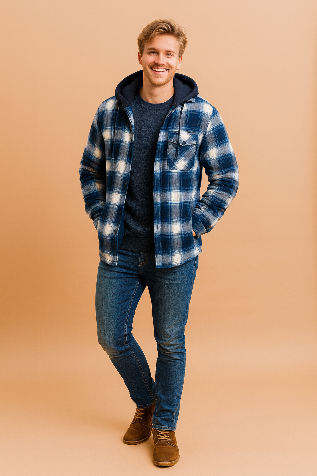 Blue and white plaid hooded jacket with button front closure, single chest pocket, and quilted inner lining, paired with slim blue jeans and brown suede shoes.