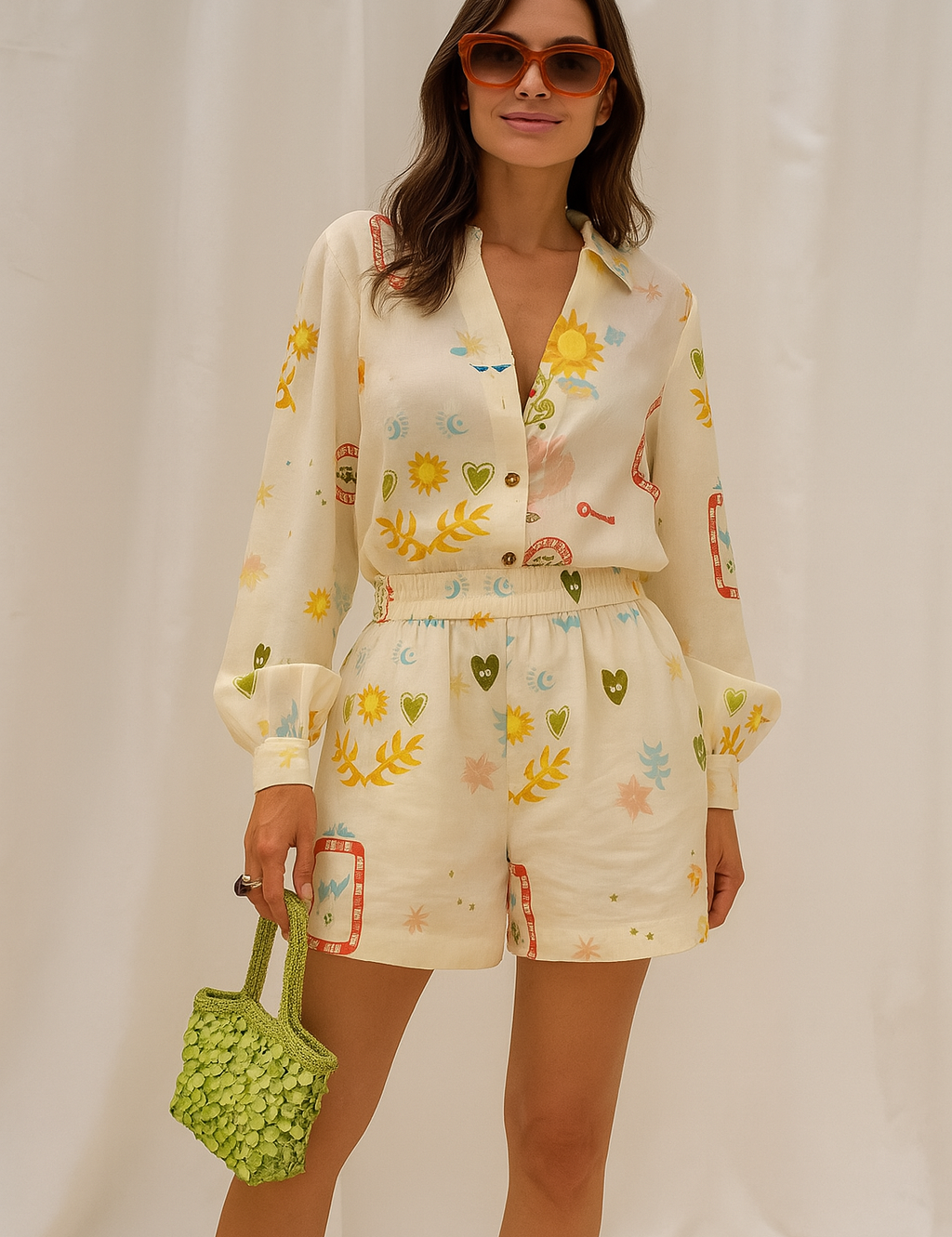 Printed two-piece set featuring a button-up long sleeve shirt and high-waisted shorts with elastic waistband, adorned with colorful motifs of hearts, keys, sunflowers, and stars on a cream base.