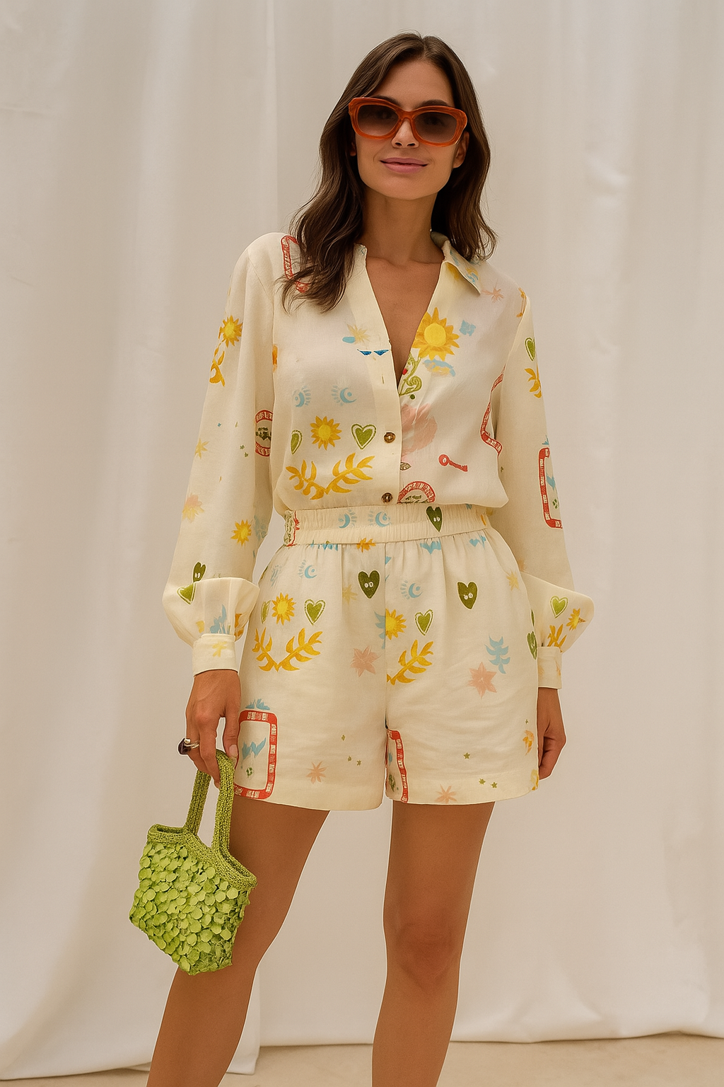 Printed two-piece set featuring a button-up long sleeve shirt and high-waisted shorts with elastic waistband, adorned with colorful motifs of hearts, keys, sunflowers, and stars on a cream base.