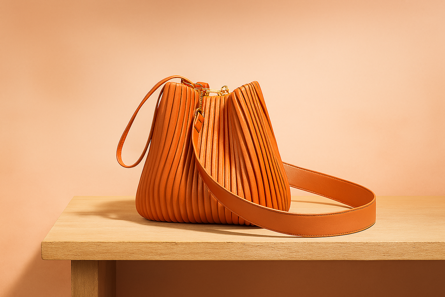 Pleated burnt orange bucket bag with gold hardware, drawstring-style top, and dual shoulder straps, made from textured faux leather and displayed on a light wood platform.