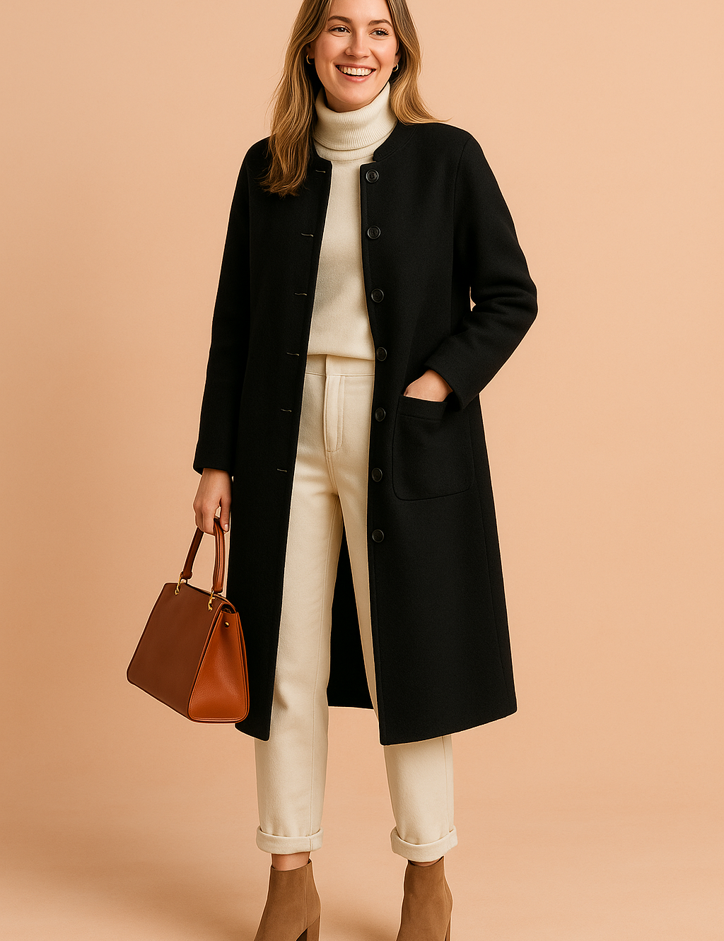 Elegant black wool coat with round collar and front patch pocket, styled over a cream ribbed turtleneck and cuffed ivory trousers, finished with taupe suede ankle boots and a structured brown leather handbag.