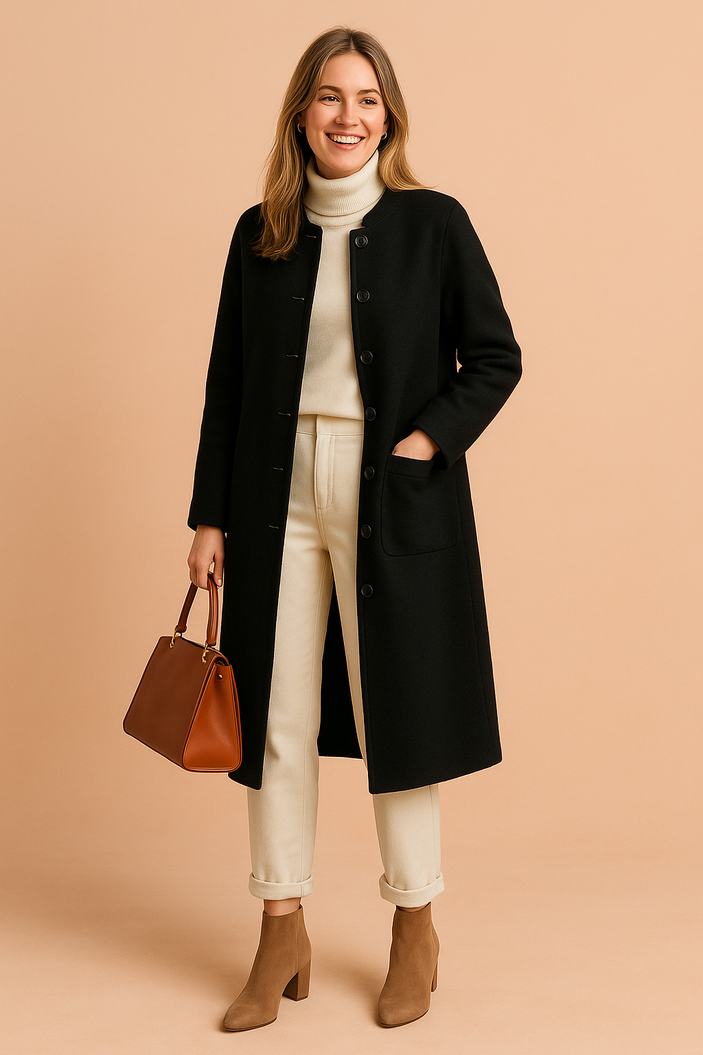 Elegant black wool coat with round collar and front patch pocket, styled over a cream ribbed turtleneck and cuffed ivory trousers, finished with taupe suede ankle boots and a structured brown leather handbag.