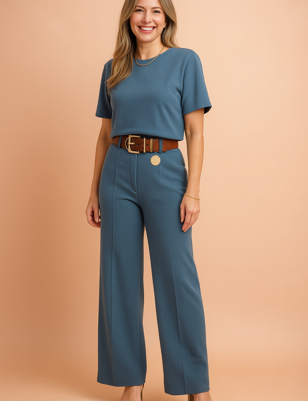 Chic two-piece coords featuring a soft structured crew neck crop top and high-waisted wide-leg trousers in a muted teal blue, styled with a wide tan statement belt and minimalist heels.