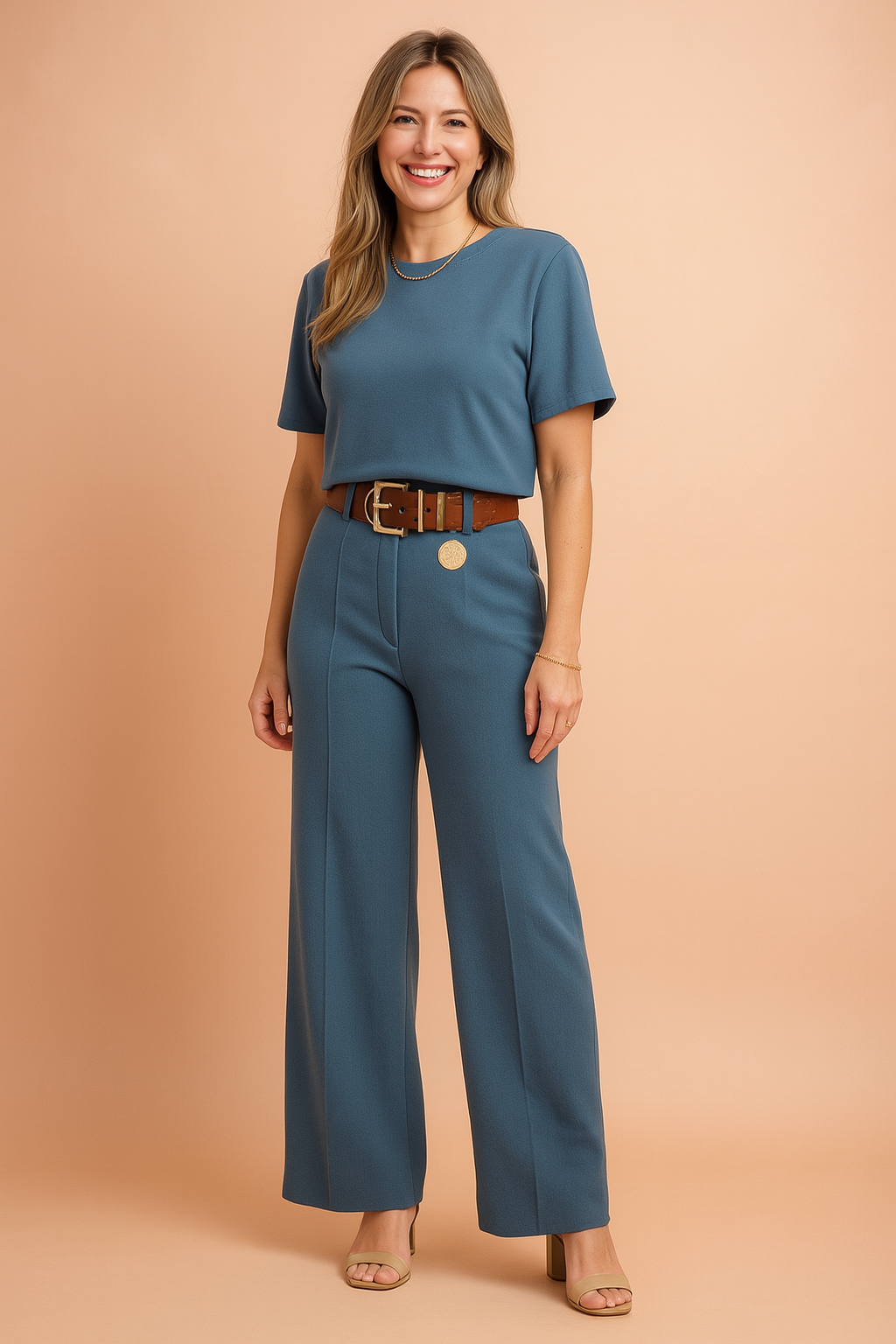 Chic two-piece coords featuring a soft structured crew neck crop top and high-waisted wide-leg trousers in a muted teal blue, styled with a wide tan statement belt and minimalist heels.