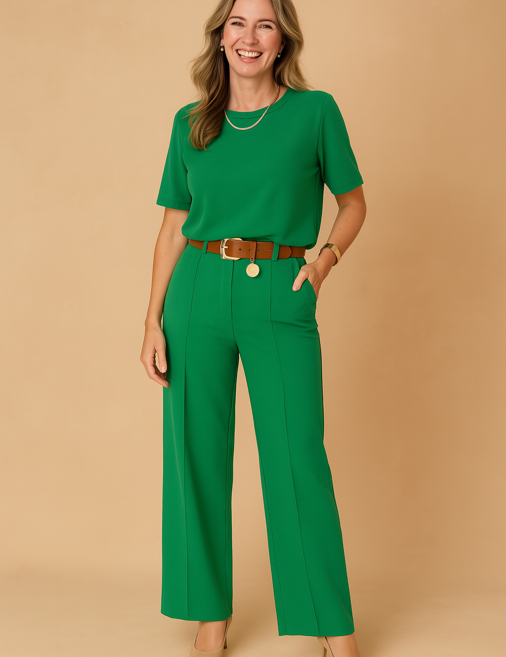 Stylish two-piece green coords set featuring a relaxed-fit short-sleeve top and high-waisted wide-leg trousers, finished with front seams and a statement tan belt with a gold medallion accent.